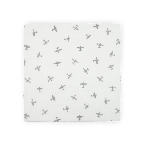 Organic Cotton Muslin Swaddle Blanket - Pewter Planes Little Unicorn Lil Tulips