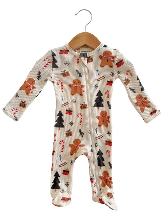 Organic Waffle Basic Zip Footie - Gingerbread Wonderland Snow SpearmintLOVE Lil Tulips