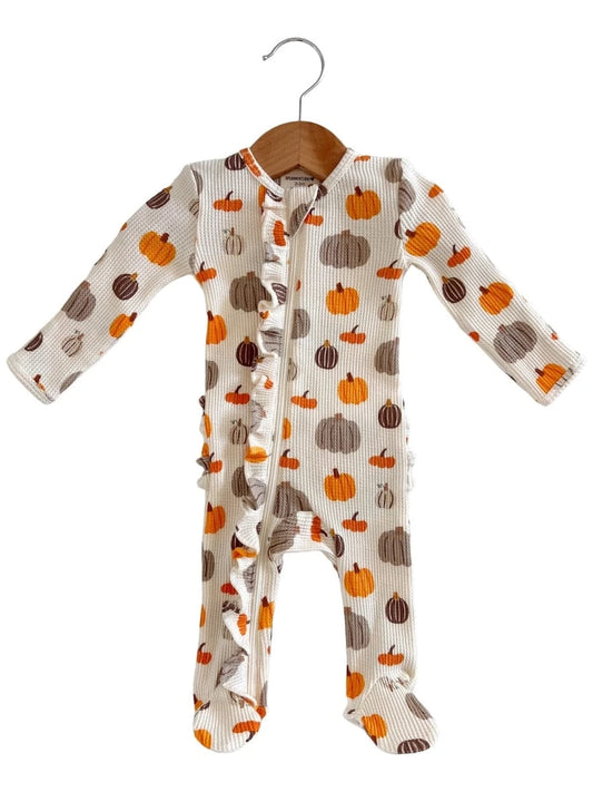 Organic Waffle Ruffle Zip Footie - Harvest Pumpkin SpearmintLOVE Lil Tulips