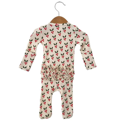 Organic Waffle Ruffle Zip Footie - Holly SpearmintLOVE Lil Tulips