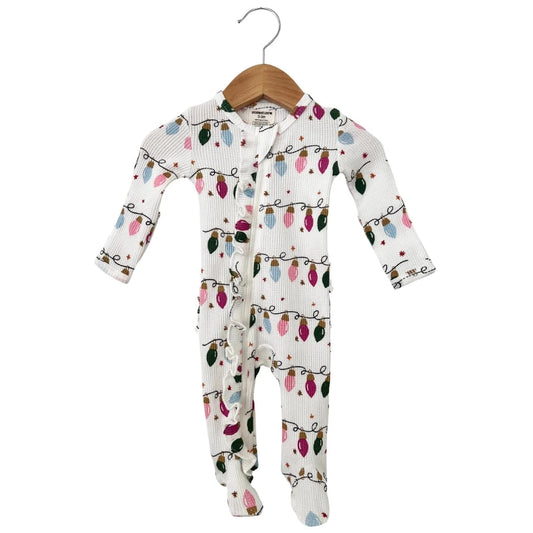 Organic Waffle Ruffle Zip Footie - Pink Christmas Lights SpearmintLOVE Lil Tulips