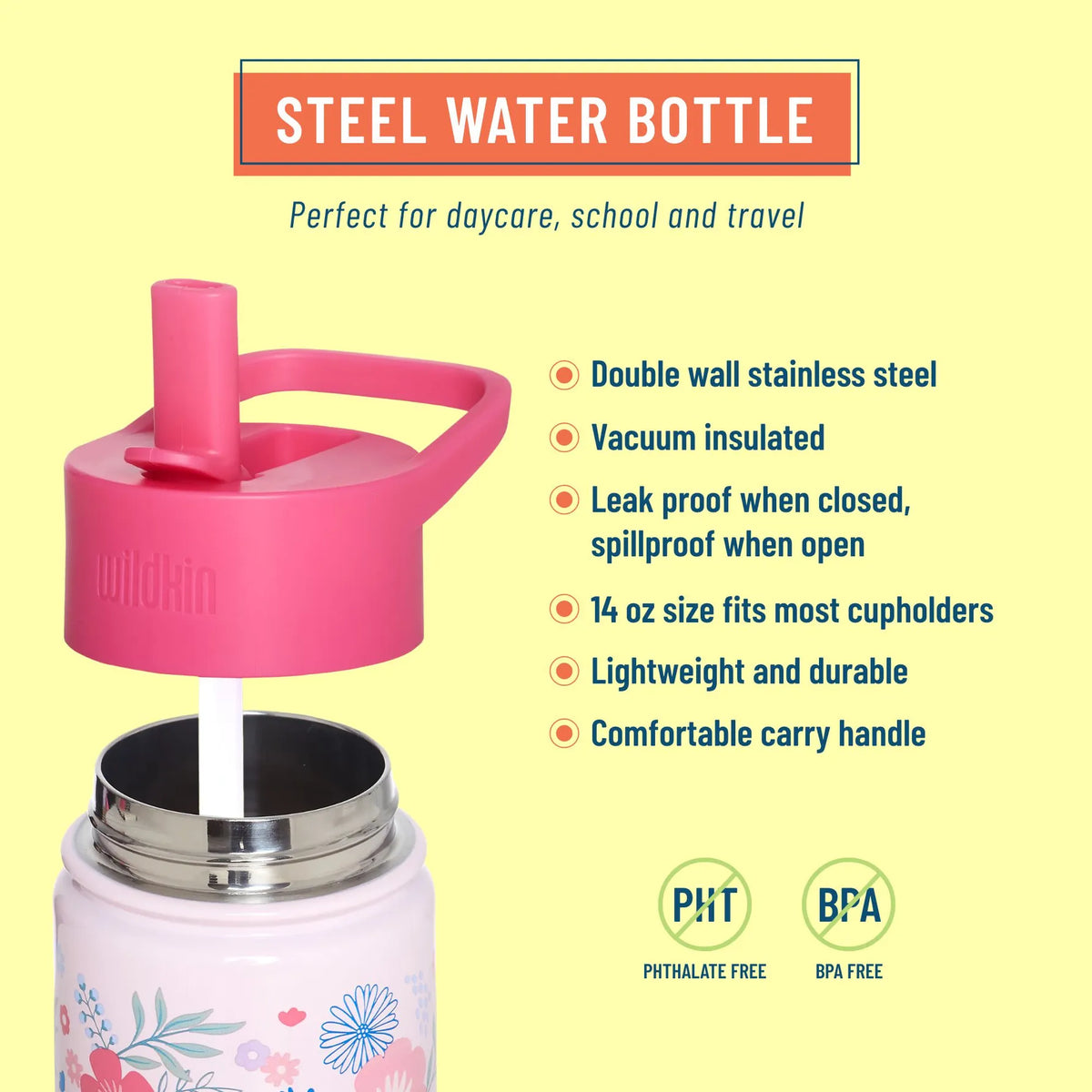 Pink Floral 14 oz Stainless Steel Water Bottle Wildkin Lil Tulips