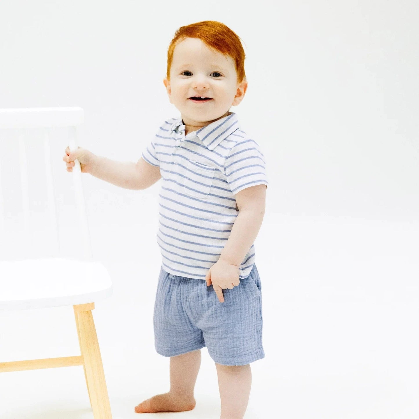 Polo Shirt and Muslin Short - French Stripe Dusty Blue Angel Dear Lil Tulips