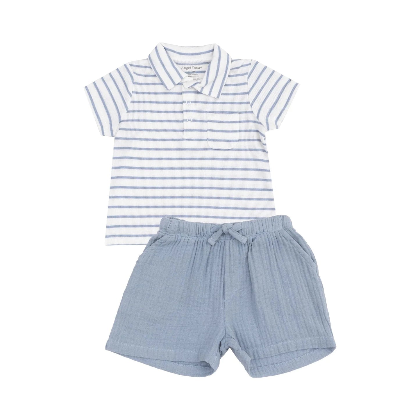 Polo Shirt and Muslin Short - French Stripe Dusty Blue Angel Dear Lil Tulips