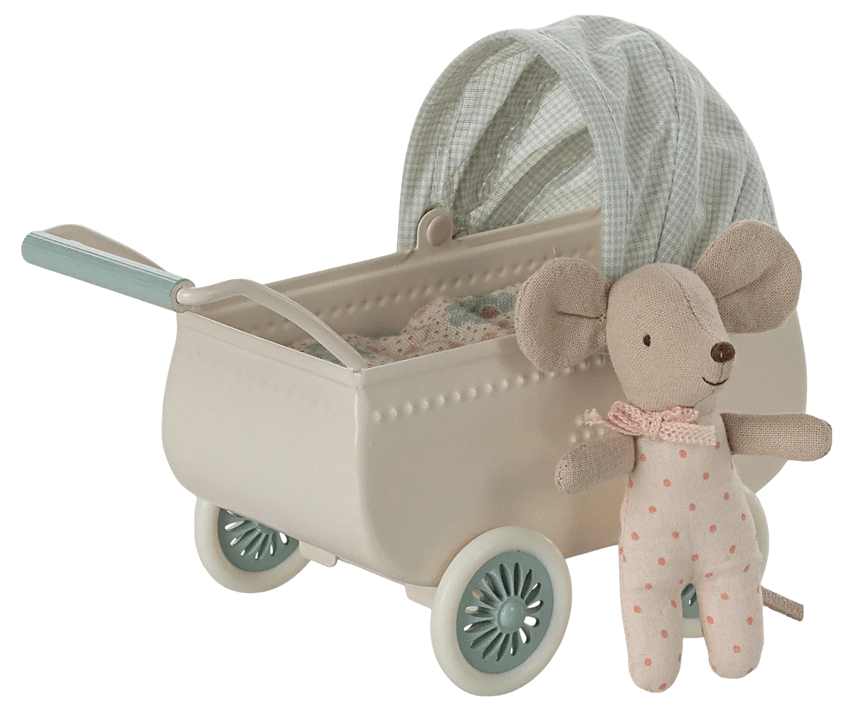 Pram with baby mouse - Mint Maileg Lil Tulips