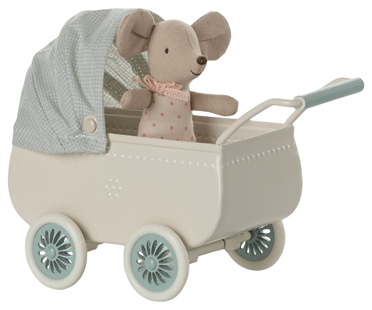 Pram with baby mouse - Mint Maileg Lil Tulips