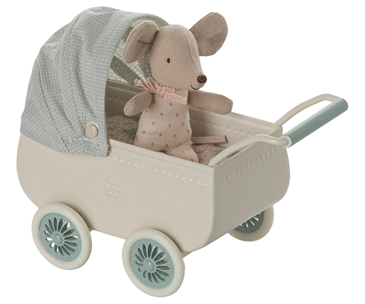 Pram with baby mouse - Mint Maileg Lil Tulips