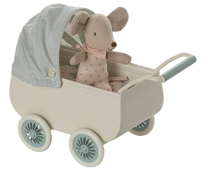 Pram with baby mouse - Mint Maileg Lil Tulips