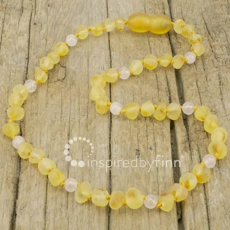 Raw Baltic Amber Necklace with Rose Quartz - Lemon inspired by finn Lil Tulips