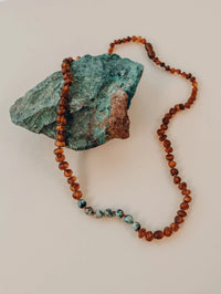 Raw Cognac Amber + Turquoise Jasper Necklace Canyon Leaf Lil Tulips