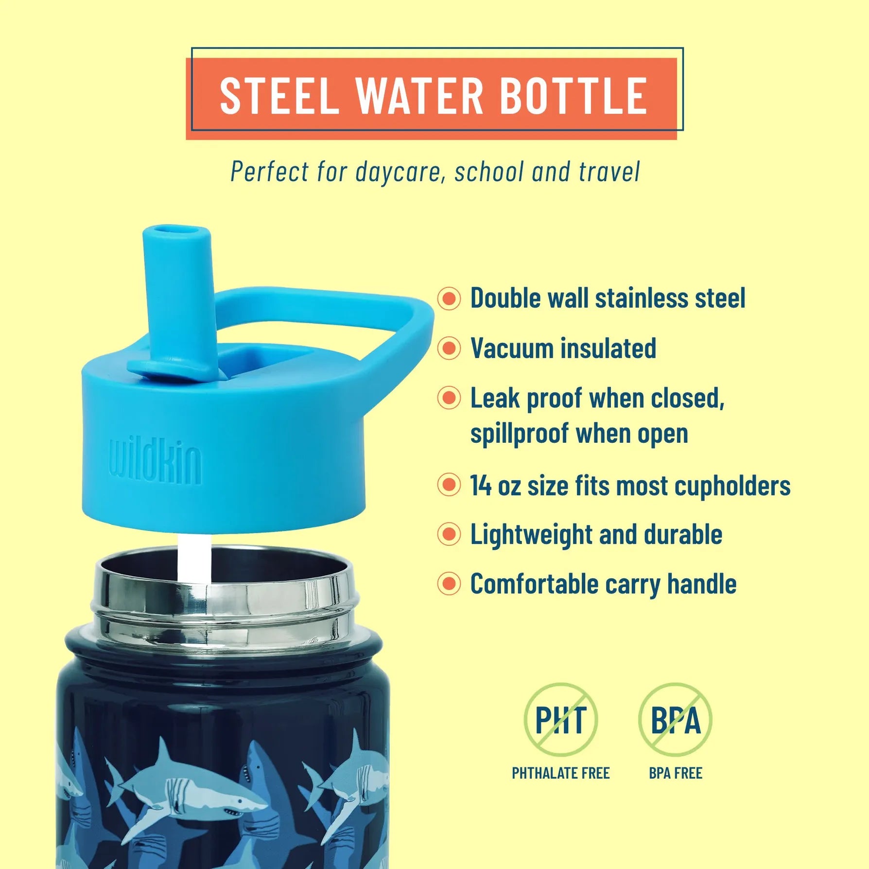 Sharks 14 oz Stainless Steel Water Bottle Wildkin Lil Tulips