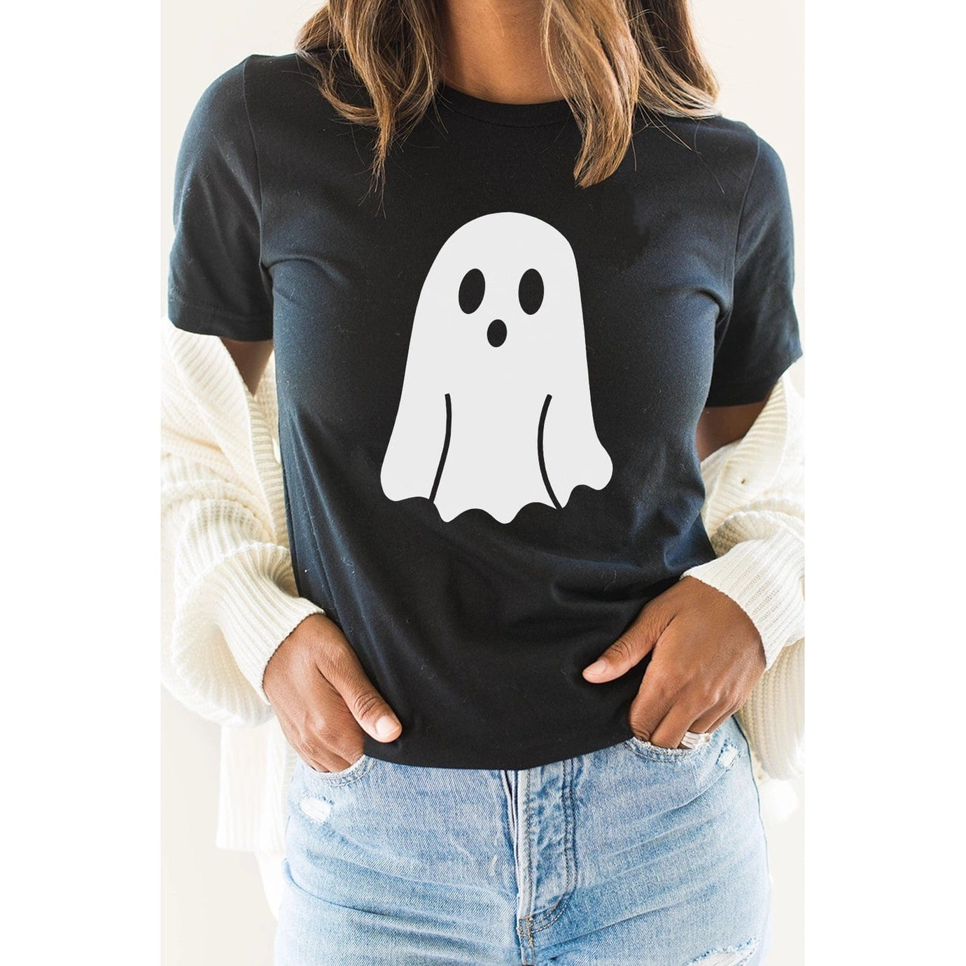 Spooky Cute Ghost Halloween Black Women's Graphic Tee Kissed Apparel Lil Tulips