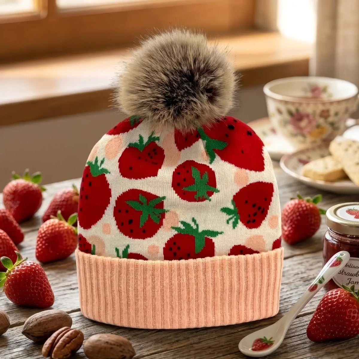 Strawberry Jacquard  Pom Beanie - Kids Northern Icons Lil Tulips