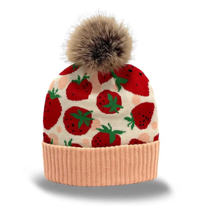 Strawberry Jacquard  Pom Beanie - Kids Northern Icons Lil Tulips