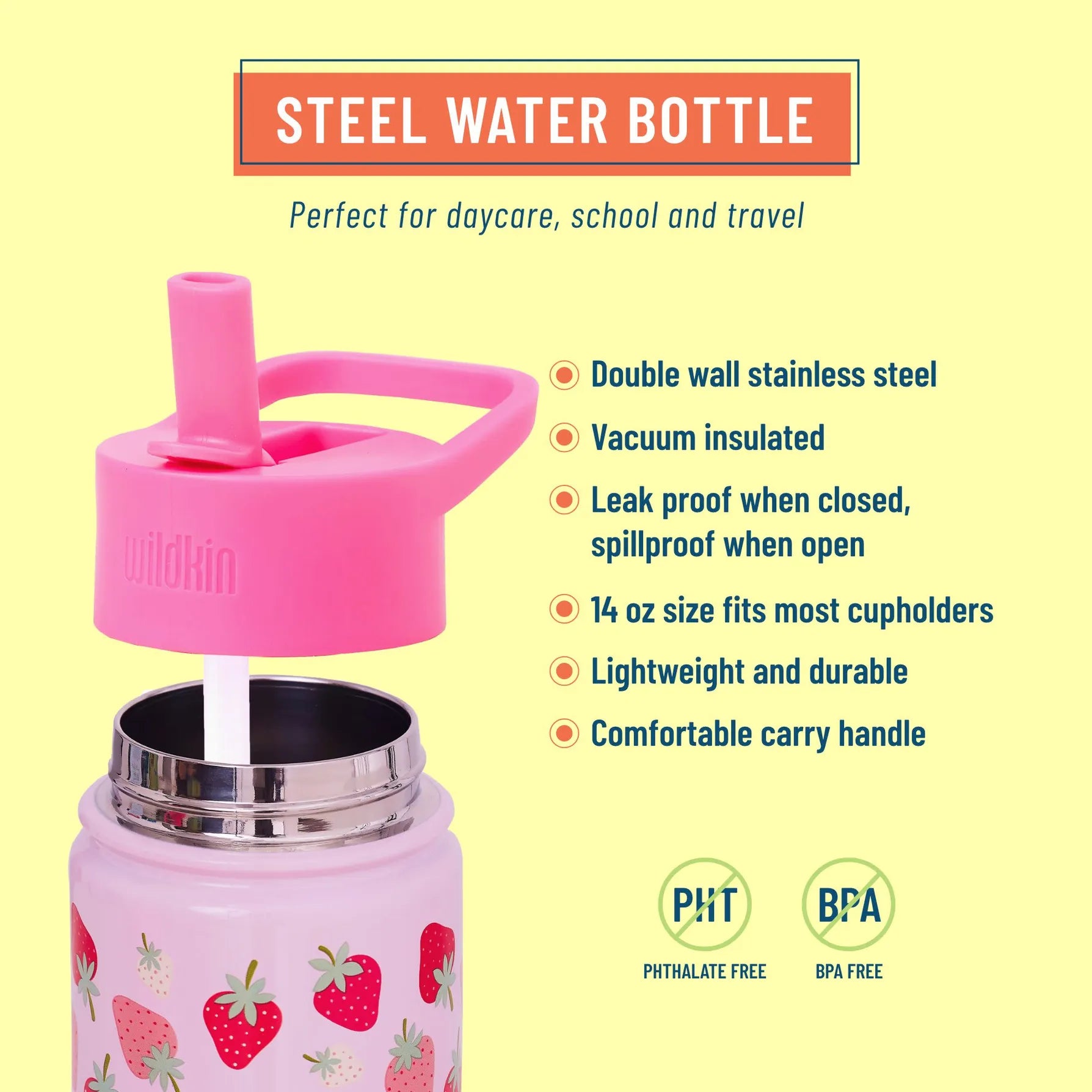 Strawberry Patch 14 oz Stainless Steel Water Bottle Wildkin Lil Tulips