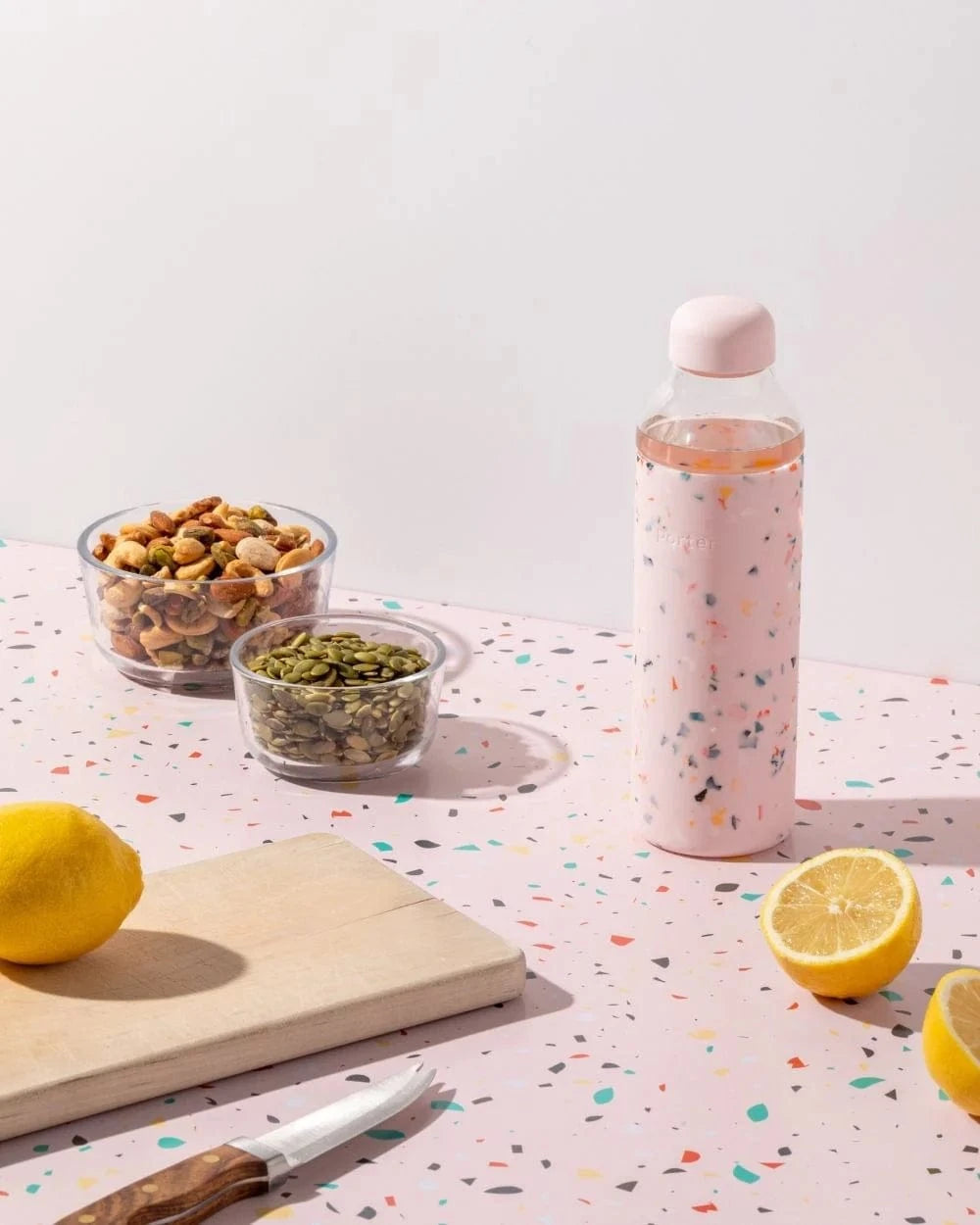 Terrazzo Blush Glass Water Bottle 20oz w&p Water Bottles Lil Tulips