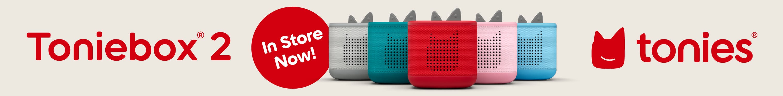 Promotional banner for Toniebox 2 with colorful boxes and Tonies logo.