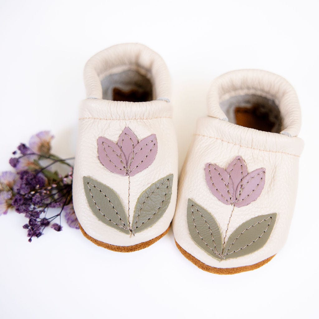 Tulip on Cream Leather Baby Moccasins Starry Knight Design Lil Tulips