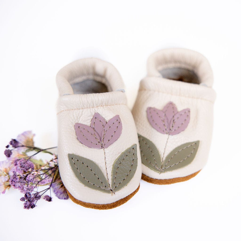Tulip on Cream Leather Baby Moccasins Starry Knight Design Lil Tulips