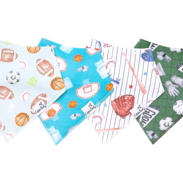 Copper Pearl All Star four bandana bibs, flat lay
