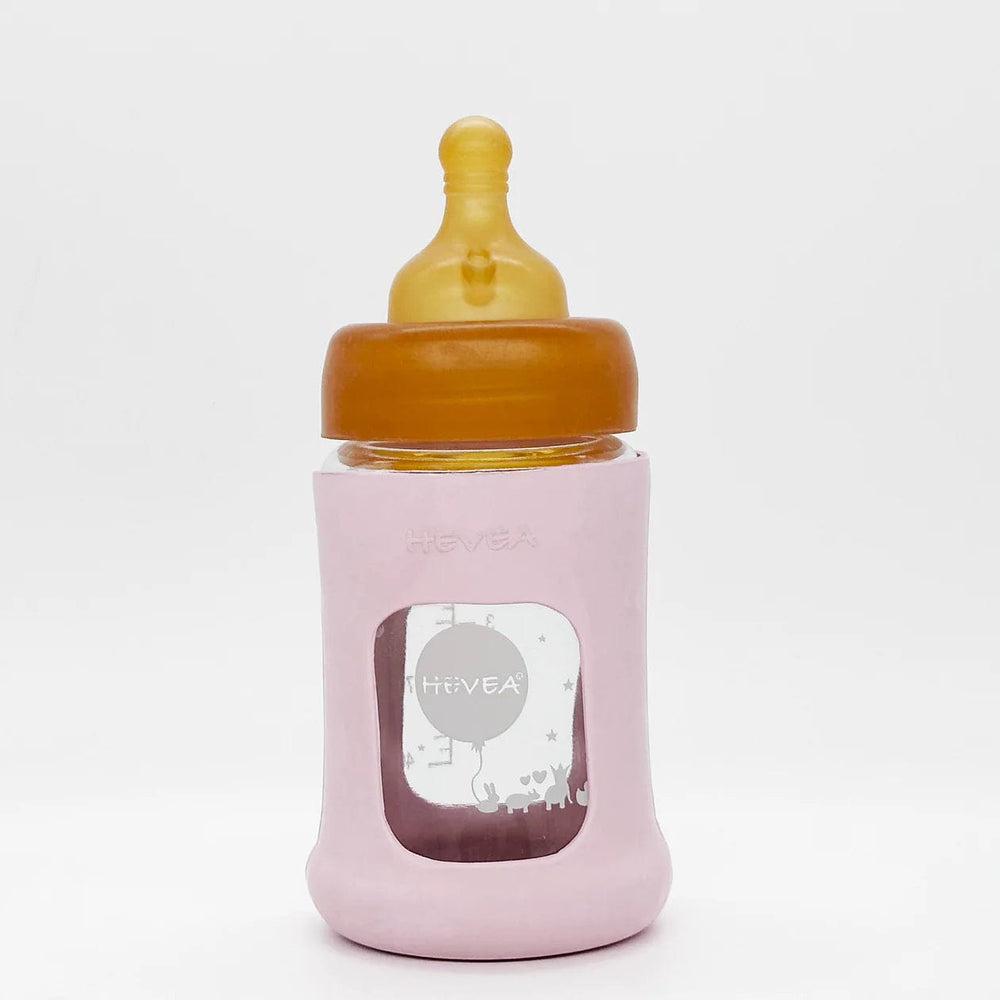 Wide Neck Baby Glass Bottle with Sleeve (150ML/5oz) - Powder Pink Hevea Hevea Lil Tulips