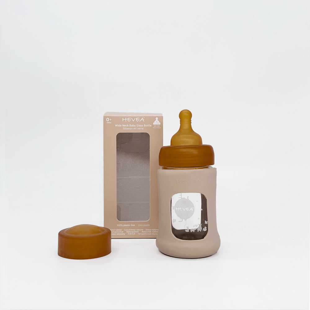 Wide Neck Baby Glass Bottle with Sleeve (150ML/5oz) - Sand Hevea Hevea Lil Tulips