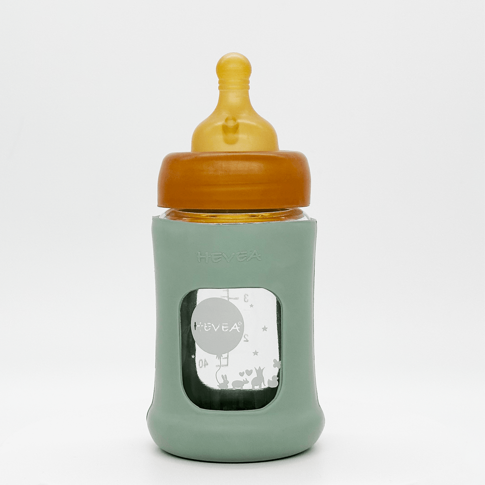 Wide Neck Baby Glass Bottle with Sleeve (150ML/5oz) - Seafoam Blue Hevea Hevea Lil Tulips