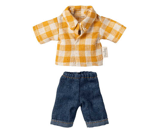 Yellow checked shirt and pants, Dad mouse Maileg Lil Tulips