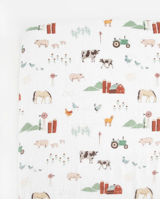 Cotton Muslin Crib Sheet - Farmyard Little Unicorn Lil Tulips
