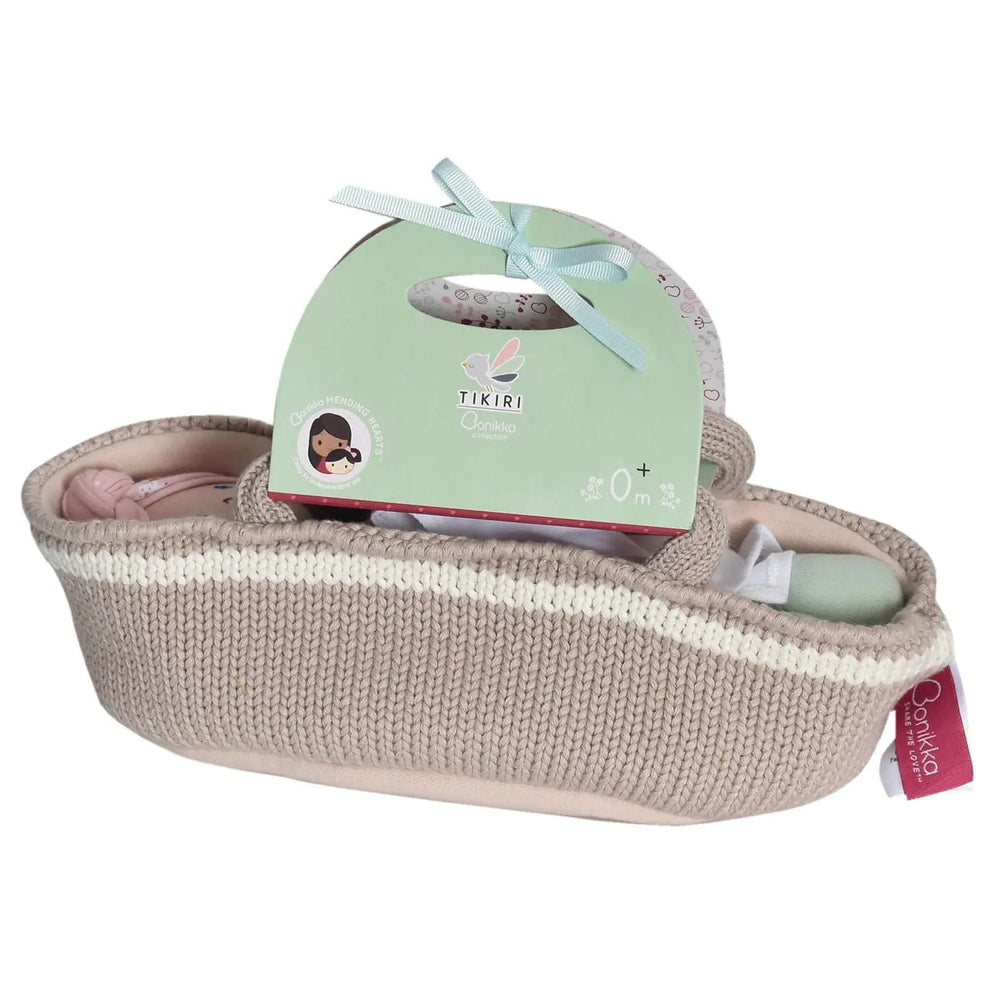 Knitted Carry Cot with Remi Baby, Soother & Blanket Tikiri Toys Lil Tulips