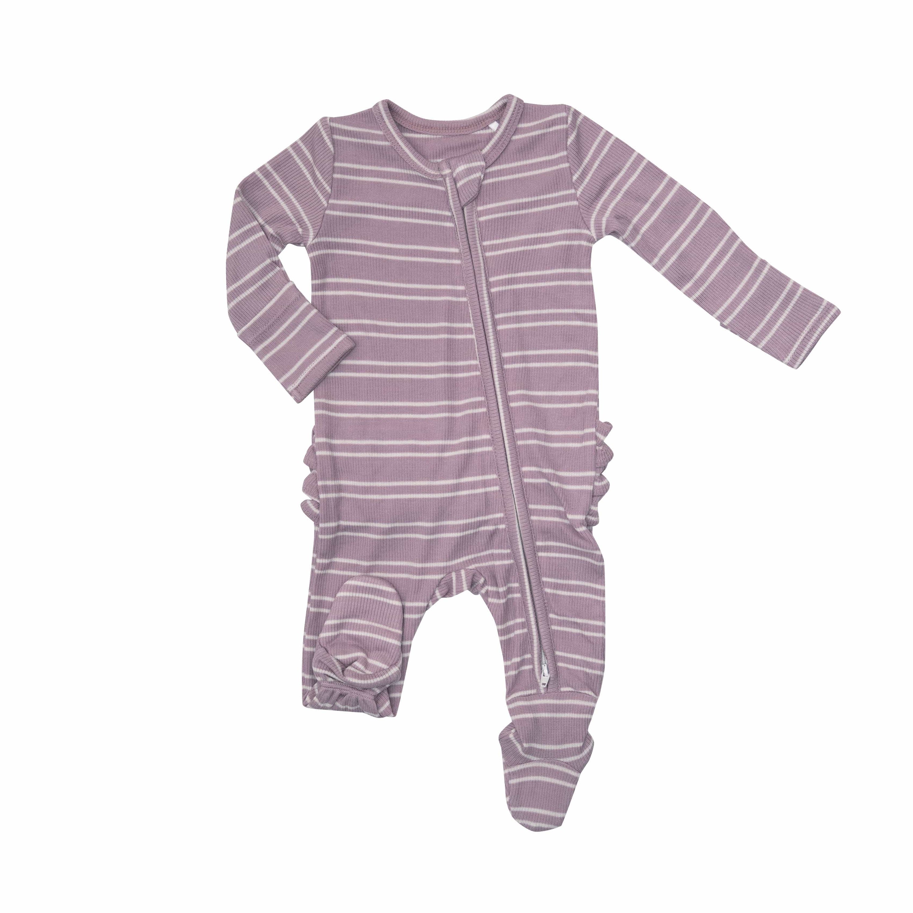 Lilac Stripe Ribbed Ruffle Back 2-Way Zipper Footie Angel Dear Lil Tulips