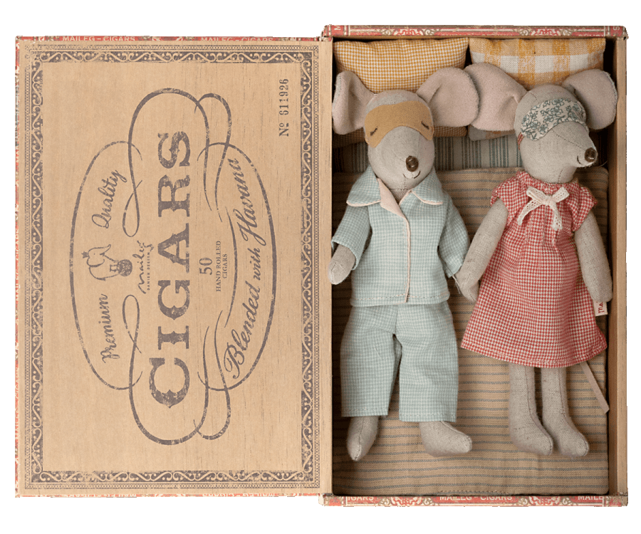 Mum & Dad Mice in Cigar Box Maileg Lil Tulips