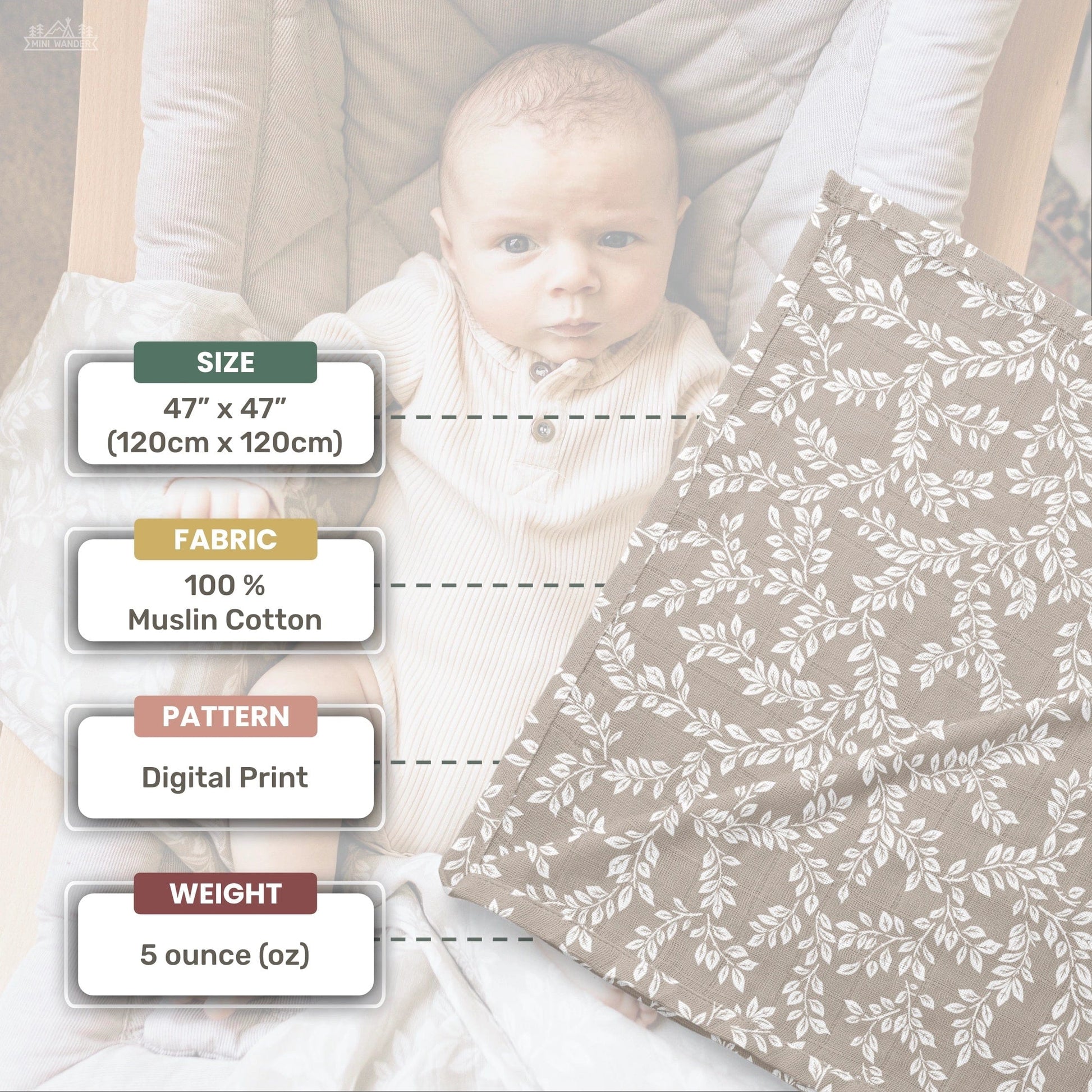 Muslin Swaddle Baby Blanket – Leafy Sprig Gray Mini Wander Lil Tulips