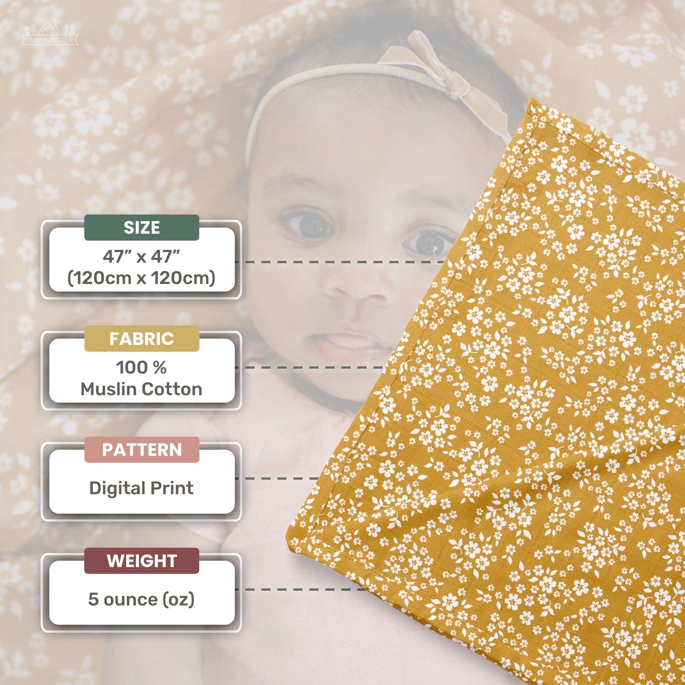 Muslin Swaddle Baby Blanket – Whimsy Floral Mustard Mini Wander Lil Tulips