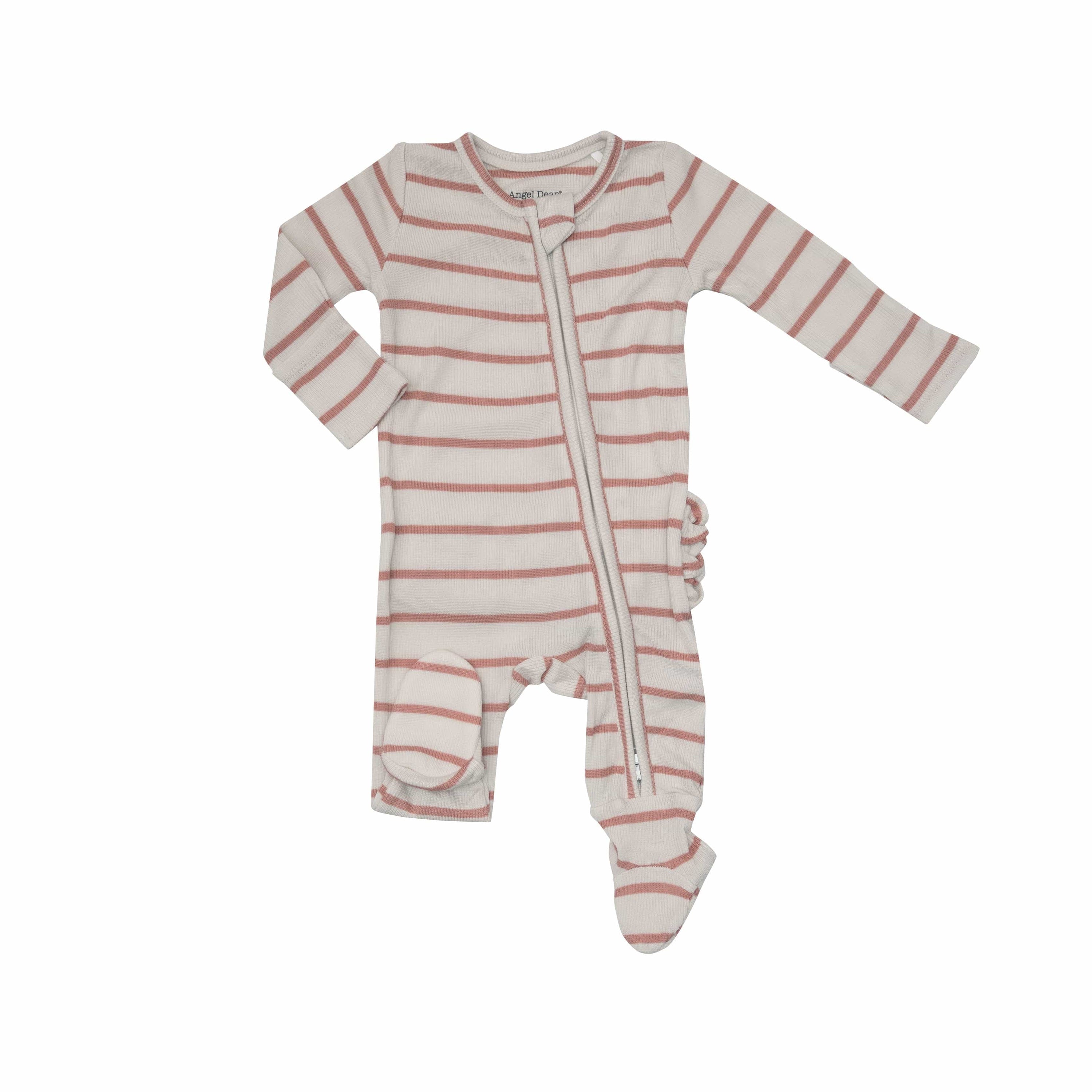 Rose Tan Stripe Ribbed Ruffle Back 2-Way Zipper Footie Angel Dear Lil Tulips