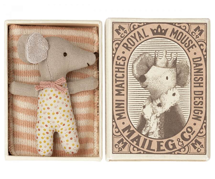 Sleepy/Wakey Baby Mouse in Matchbox - Rose Maileg Lil Tulips