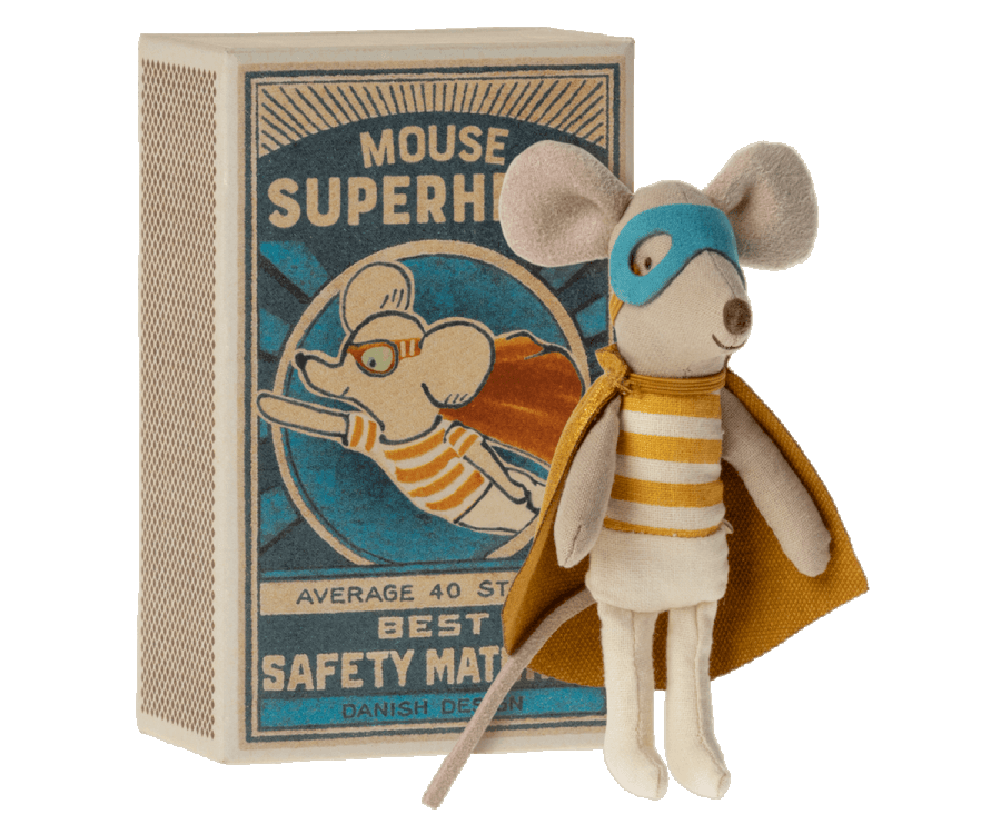 Super Hero Mouse, Little Brother in Matchbox Maileg Lil Tulips