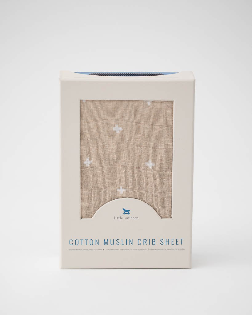 Cotton Muslin Crib Sheet - Taupe Cross (ships without box)